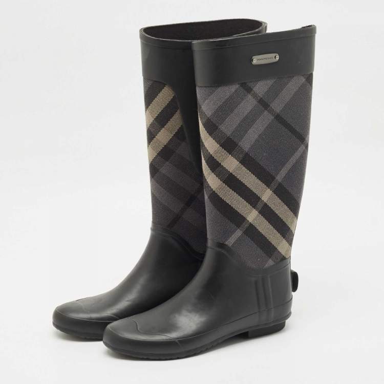 Pre Owned Burberry Multicolor Canvas and Rubber Clemence Rain Boots Size 39