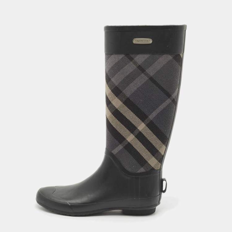 Pre Owned Burberry Multicolor Canvas and Rubber Clemence Rain Boots Size 39