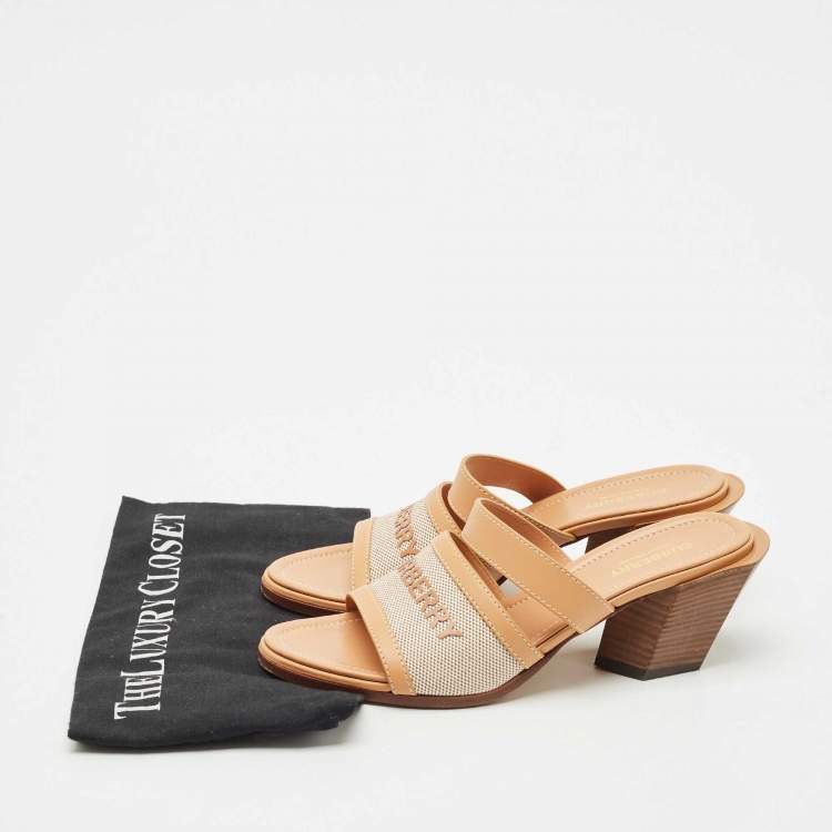 Pre Owned Burberry Tan Fabric and Leather Slide Sandals Size 38