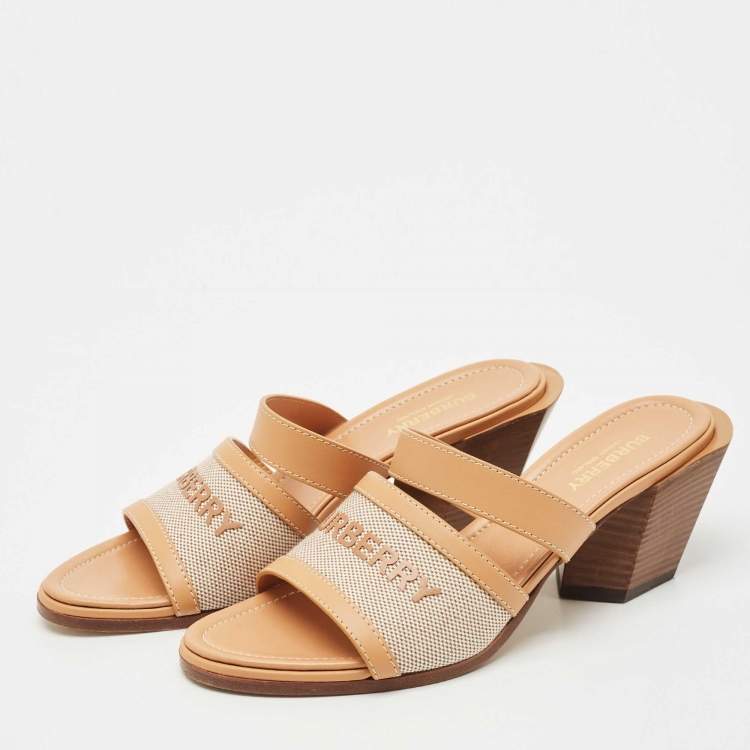 Pre Owned Burberry Tan Fabric and Leather Slide Sandals Size 38