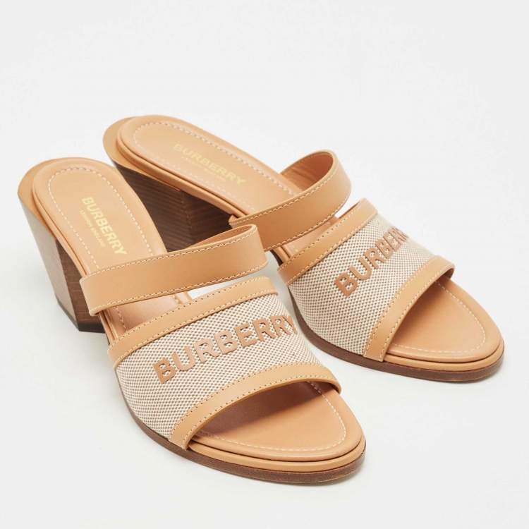 Pre Owned Burberry Tan Fabric and Leather Slide Sandals Size 38