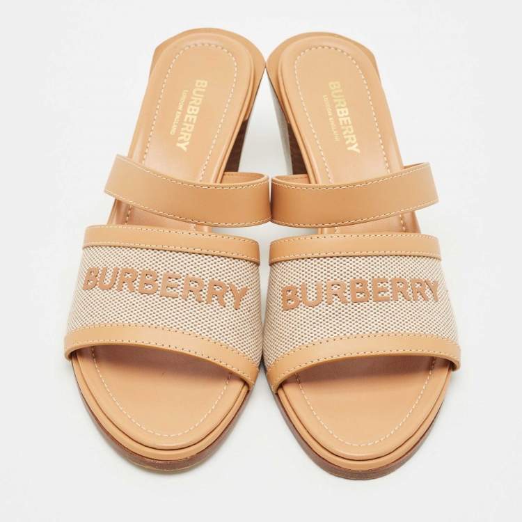 Pre Owned Burberry Tan Fabric and Leather Slide Sandals Size 38