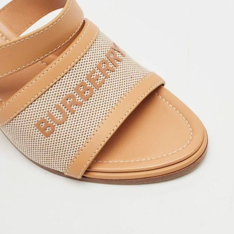 Pre Owned Burberry Tan Fabric and Leather Slide Sandals Size 38