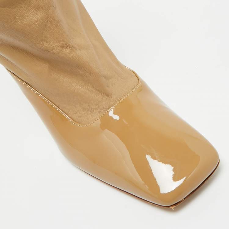 Pre Owned Burberry Beige Leather and Patent Leather Square Toe Ankle Length Boots Size 40