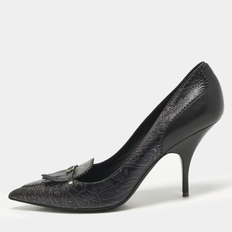 Pre Owned Burberry Black/Purple Leather Fringe Slip On Pumps Size 41