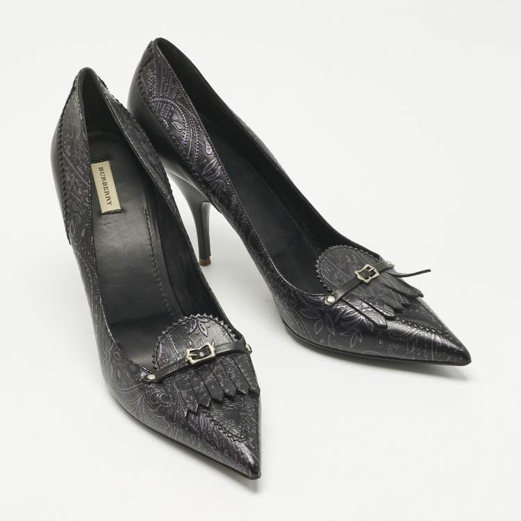 Pre Owned Burberry Black/Purple Leather Fringe Slip On Pumps Size 41
