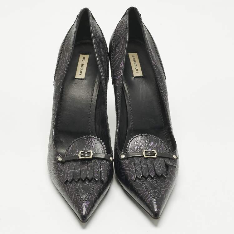 Pre Owned Burberry Black/Purple Leather Fringe Slip On Pumps Size 41