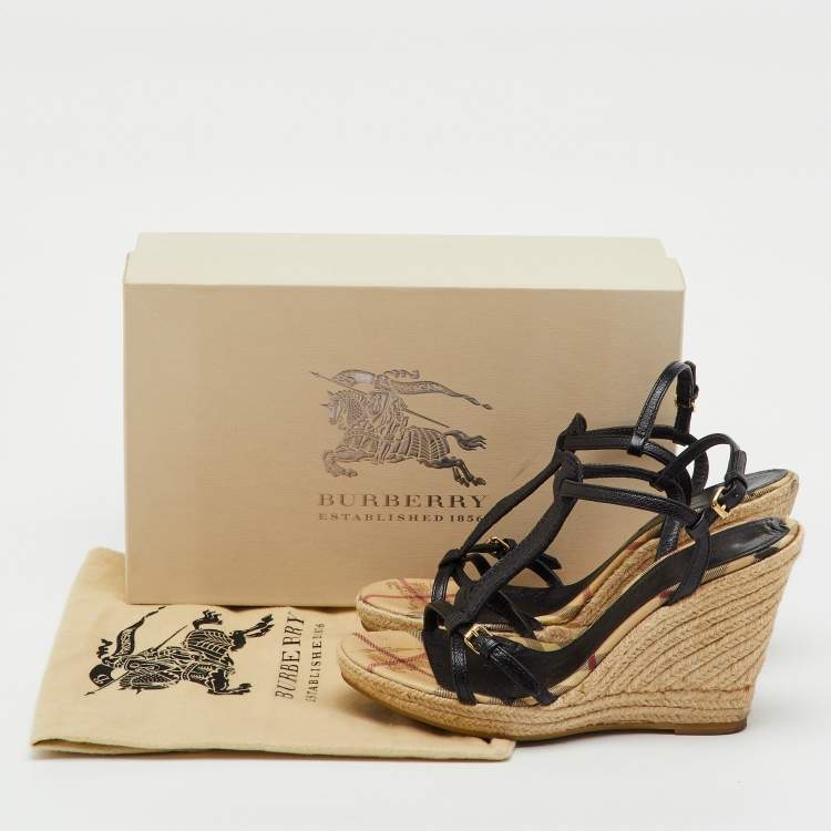 Pre Owned Burberry Beige/Black Leather and Haymarket Check Coated Canvas Espadrille Wedge Sandals Size 38