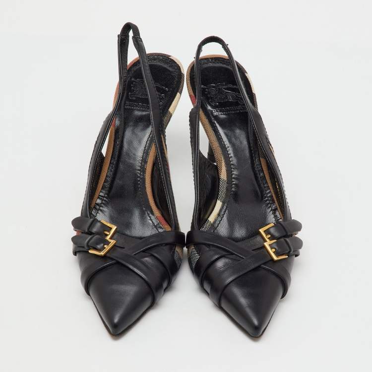 Pre Owned Burberry Black Leather And Nova Check Canvas Buckle Slingback Pumps Size 38