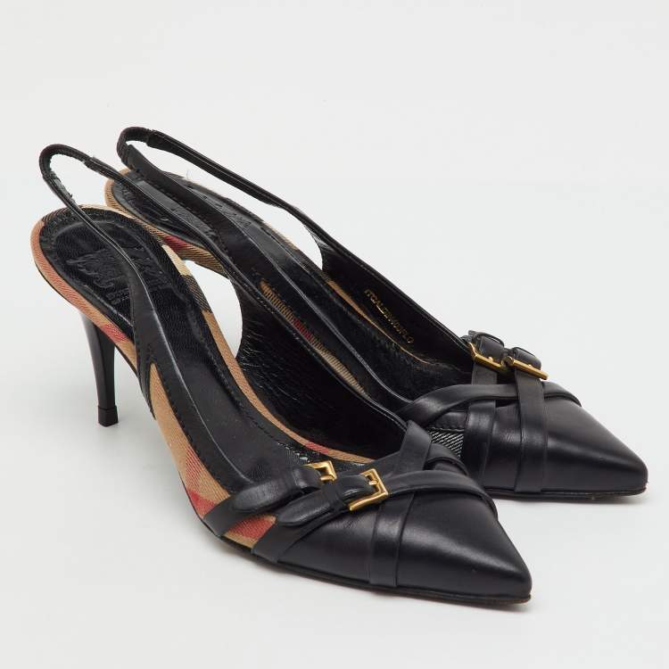 Pre Owned Burberry Black Leather And Nova Check Canvas Buckle Slingback Pumps Size 38