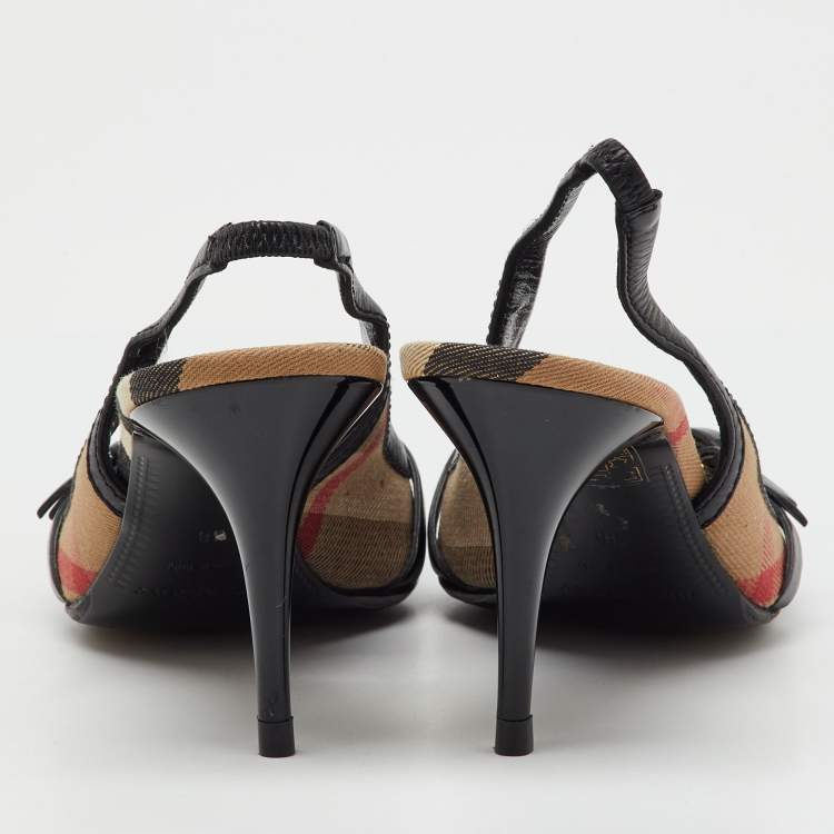Pre Owned Burberry Black Leather And Nova Check Canvas Buckle Slingback Pumps Size 38