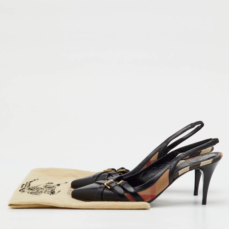 Pre Owned Burberry Black Leather And Nova Check Canvas Buckle Slingback Pumps Size 38