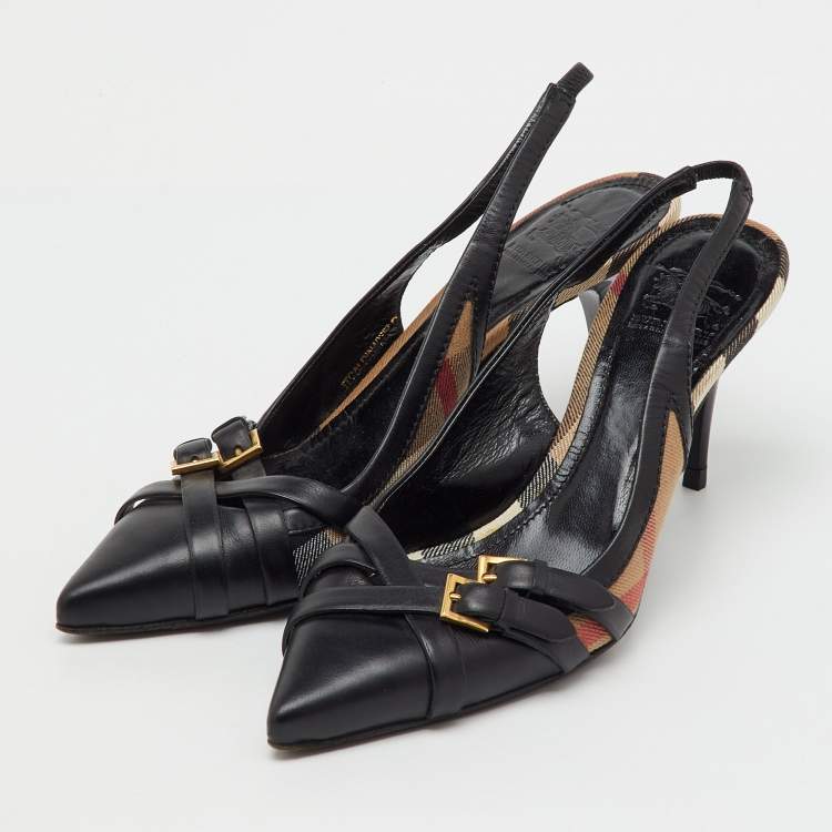 Pre Owned Burberry Black Leather And Nova Check Canvas Buckle Slingback Pumps Size 38