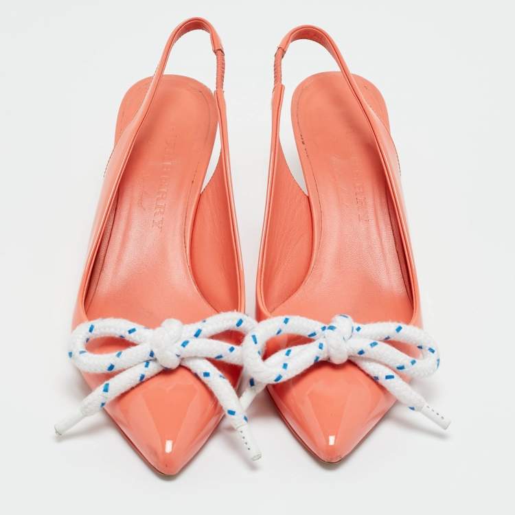 Pre Owned Burberry Orange Patent Leather Fink Slingback Pumps Size 37.5