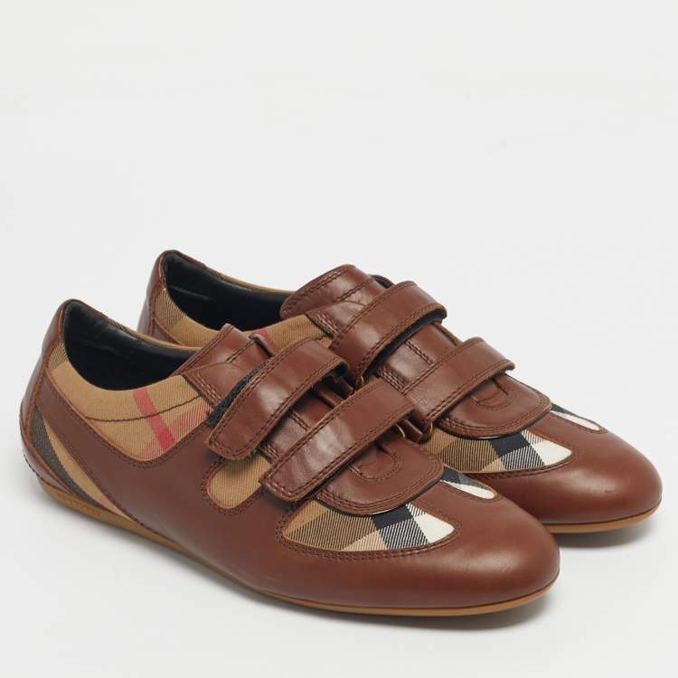 Pre Owned Burberry Brown House Check Canvas and Leather Low Top Sneakers Size 41