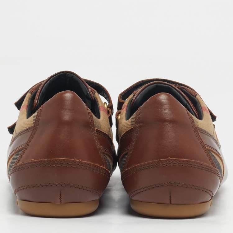 Pre Owned Burberry Brown House Check Canvas and Leather Low Top Sneakers Size 41