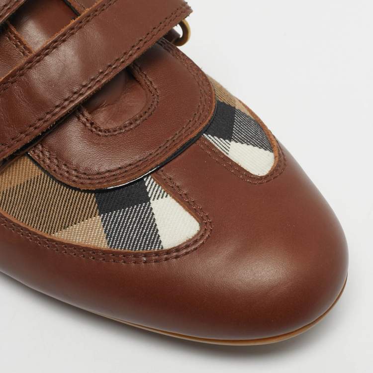 Pre Owned Burberry Brown House Check Canvas and Leather Low Top Sneakers Size 41
