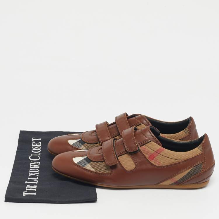 Pre Owned Burberry Brown House Check Canvas and Leather Low Top Sneakers Size 41