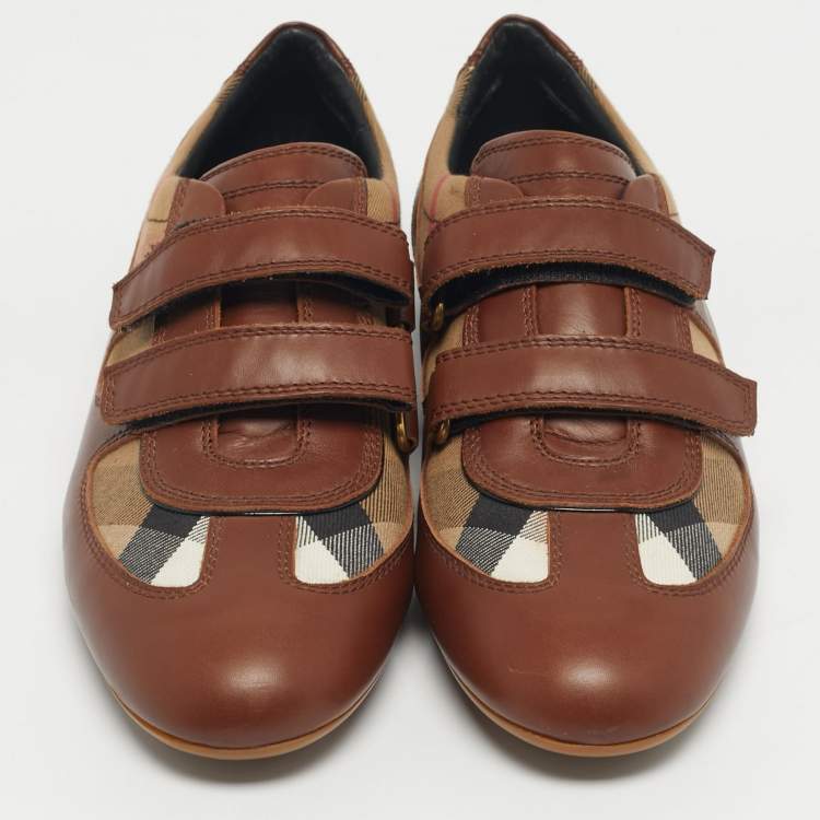 Pre Owned Burberry Brown House Check Canvas and Leather Low Top Sneakers Size 41