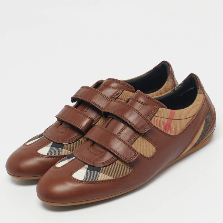 Pre Owned Burberry Brown House Check Canvas and Leather Low Top Sneakers Size 41