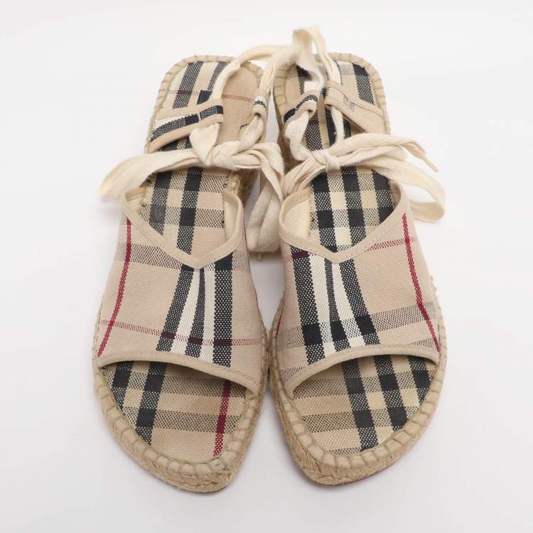 Pre Owned Burberry Beige Canvas Nova Check Wedge Ankle Strap Espadrilles Size 38