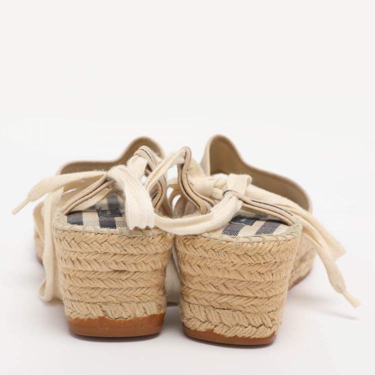 Pre Owned Burberry Beige Canvas Nova Check Wedge Ankle Strap Espadrilles Size 38