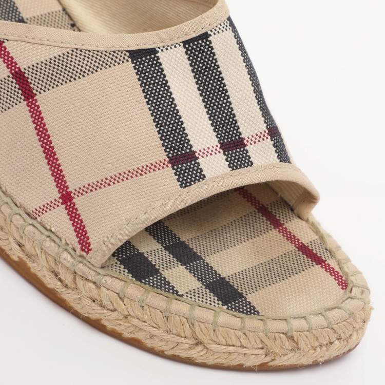 Pre Owned Burberry Beige Canvas Nova Check Wedge Ankle Strap Espadrilles Size 38