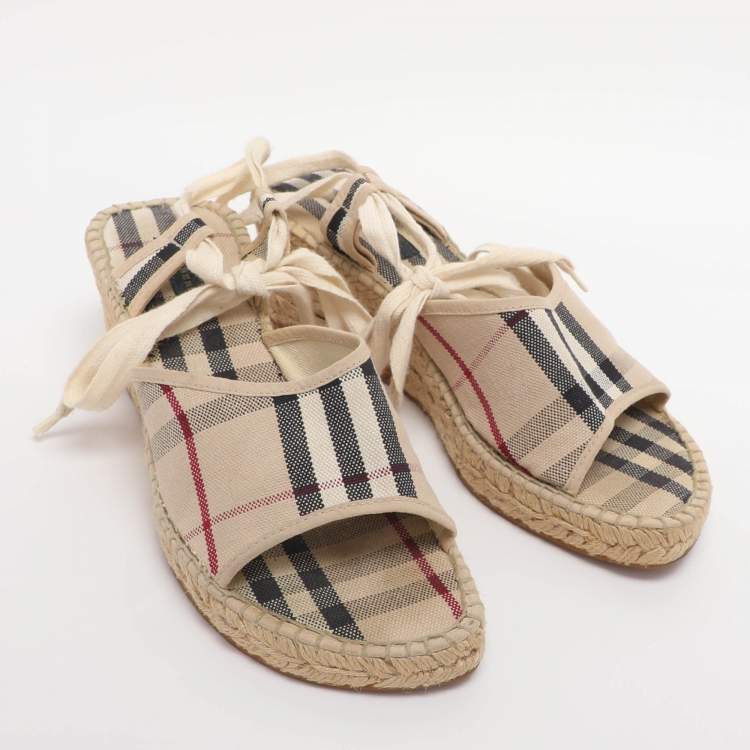 Pre Owned Burberry Beige Canvas Nova Check Wedge Ankle Strap Espadrilles Size 38
