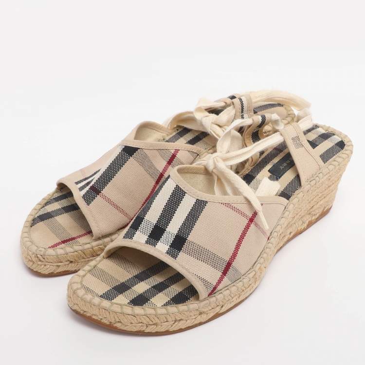 Pre Owned Burberry Beige Canvas Nova Check Wedge Ankle Strap Espadrilles Size 38