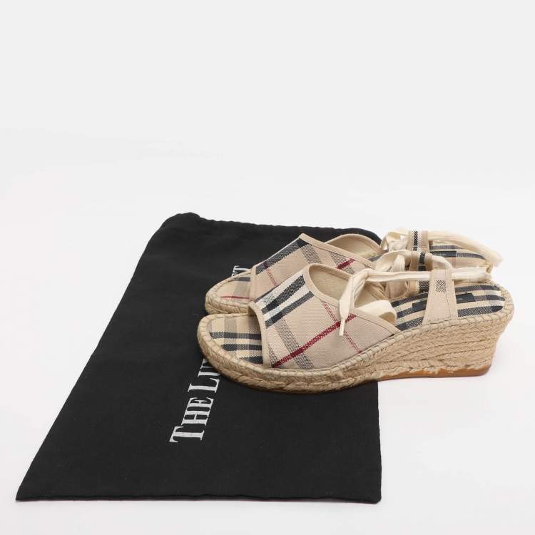 Pre Owned Burberry Beige Canvas Nova Check Wedge Ankle Strap Espadrilles Size 38