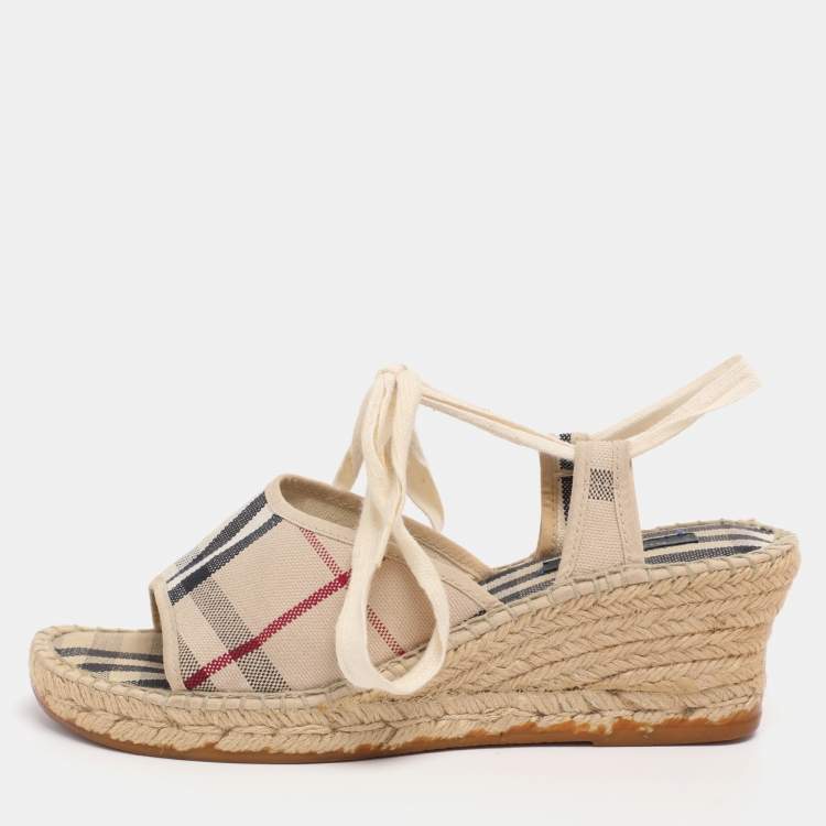 Pre Owned Burberry Beige Canvas Nova Check Wedge Ankle Strap Espadrilles Size 38