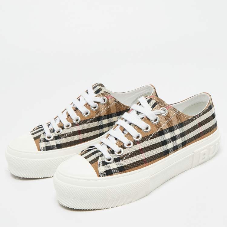 Pre Owned Burberry Beige Check Canvas Lace Up Sneakers Size 37