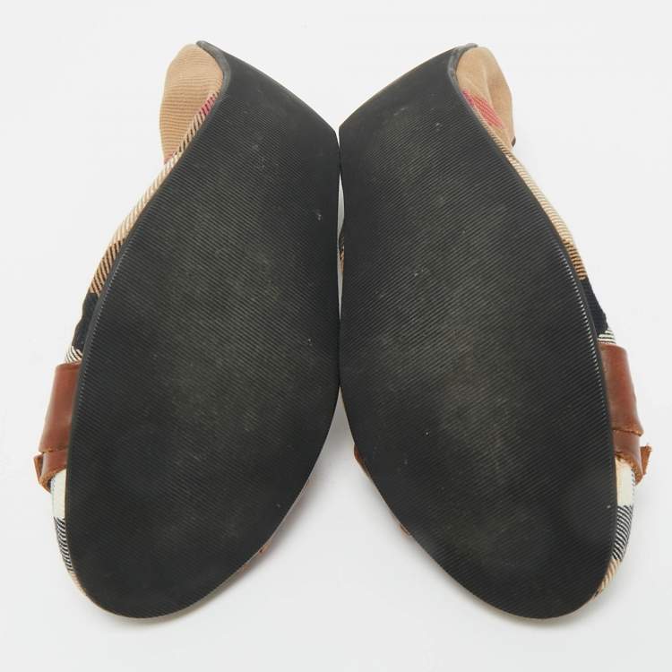 Pre Owned Burberry Multicolor Nova Check Canvas and Leather Buckle Scrunch Ballet Flats Size 38