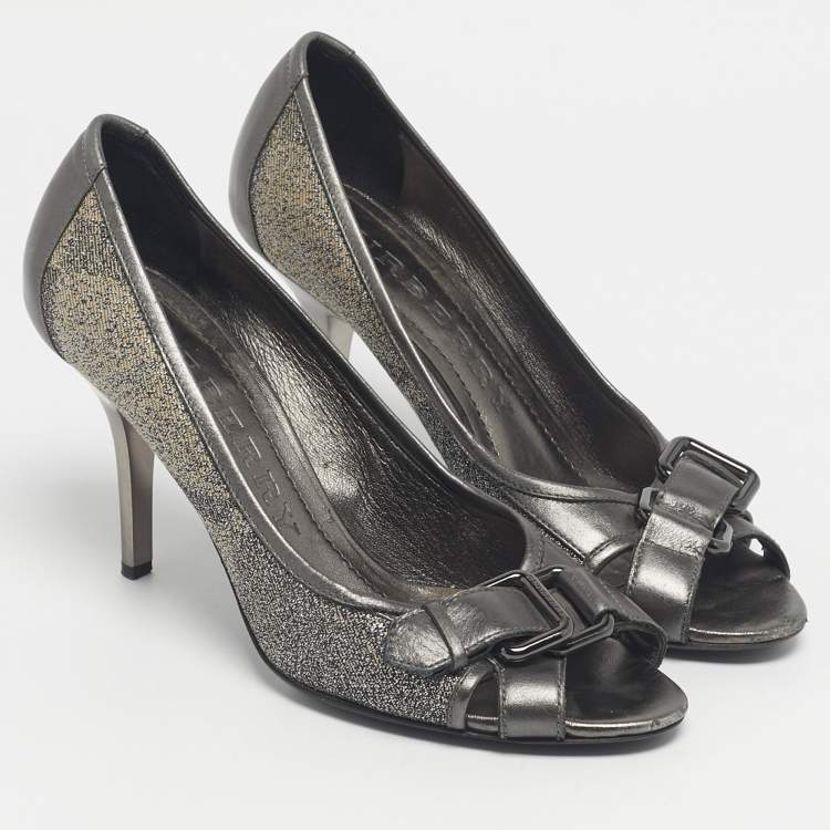 Pre Owned Burberry Grey/Beige Canvas and Leather Buckle Peep Toe Pumps Size 37