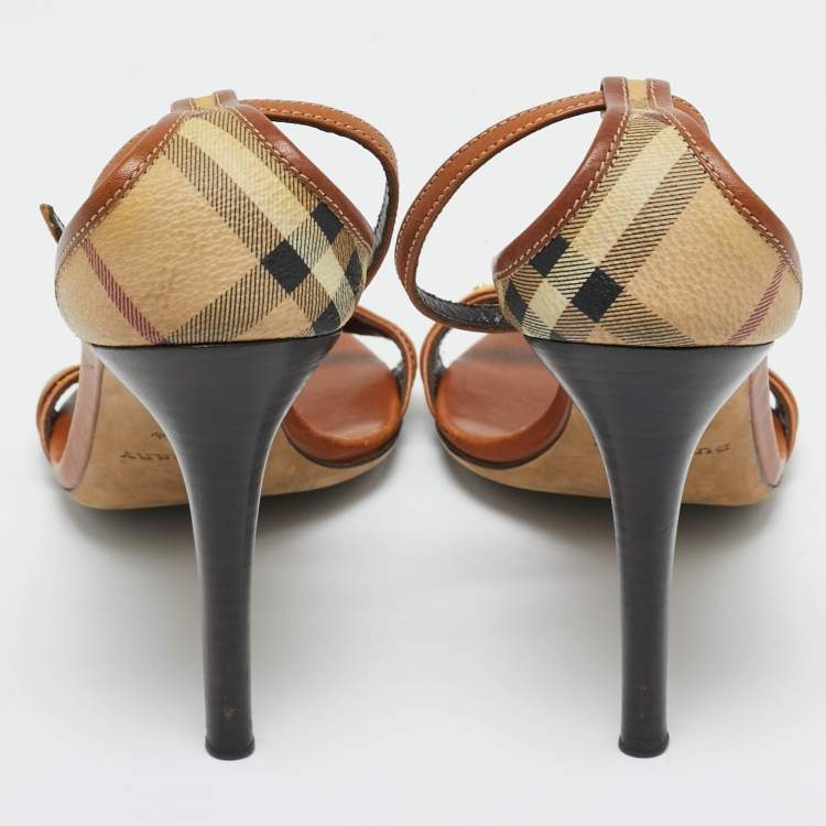 Pre Owned Burberry Brown House Check Canvas and Leather Ankle Strap Sandals Size 38