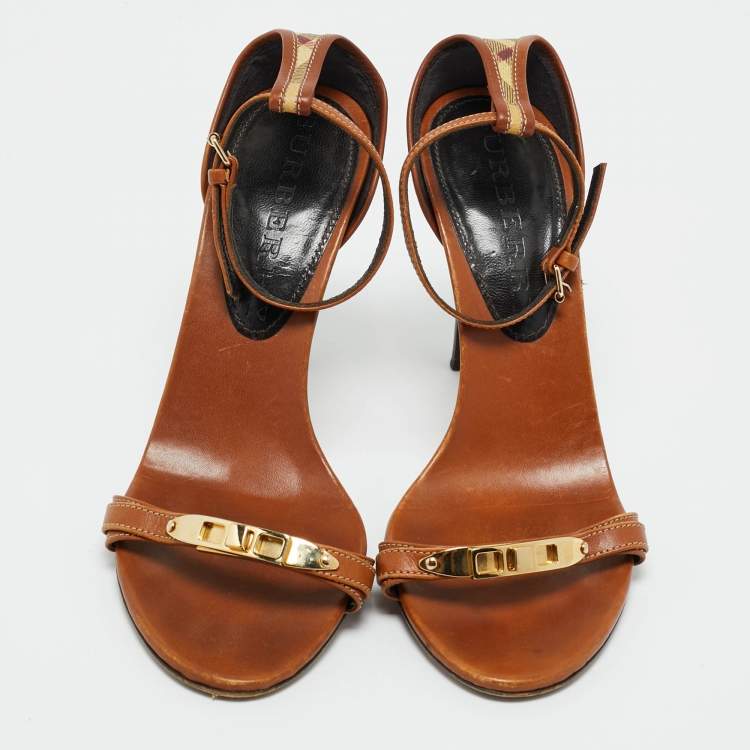Pre Owned Burberry Brown House Check Canvas and Leather Ankle Strap Sandals Size 38