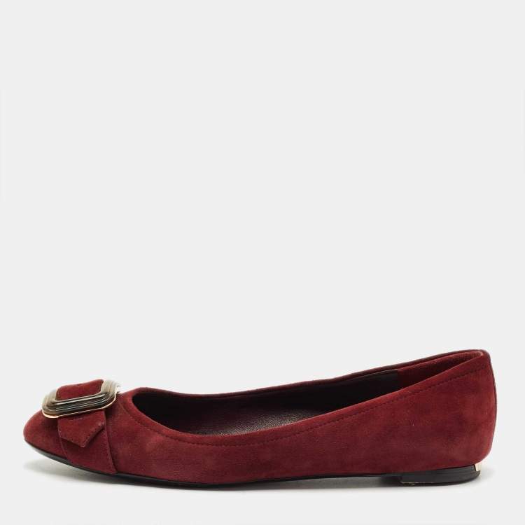 Pre Owned Burberry Burgundy Suede Keswick Buckle Ballet Flats Size 39