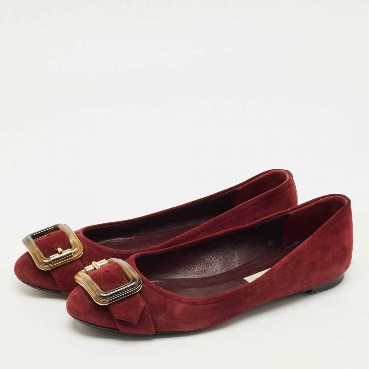 Pre Owned Burberry Burgundy Suede Keswick Buckle Ballet Flats Size 39