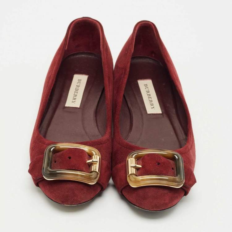 Pre Owned Burberry Burgundy Suede Keswick Buckle Ballet Flats Size 39