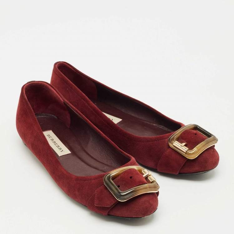 Pre Owned Burberry Burgundy Suede Keswick Buckle Ballet Flats Size 39