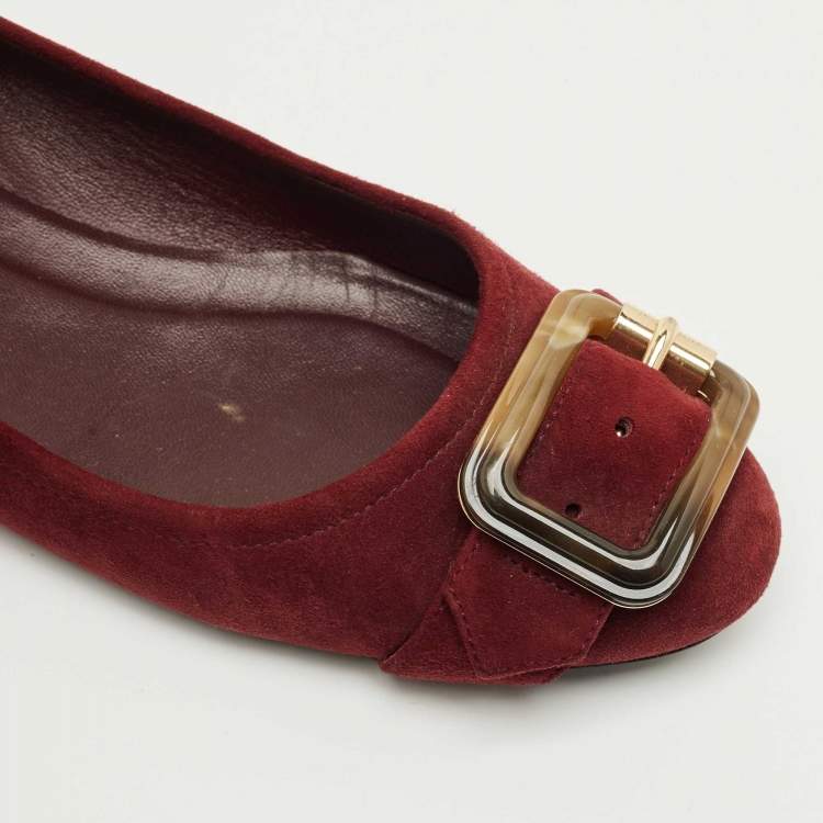 Pre Owned Burberry Burgundy Suede Keswick Buckle Ballet Flats Size 39
