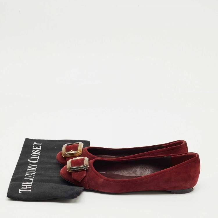 Pre Owned Burberry Burgundy Suede Keswick Buckle Ballet Flats Size 39