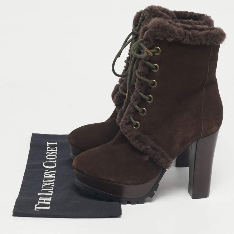 Pre Owned Burberry Brown Shearling and Suede Ankle Length Boots Size 36