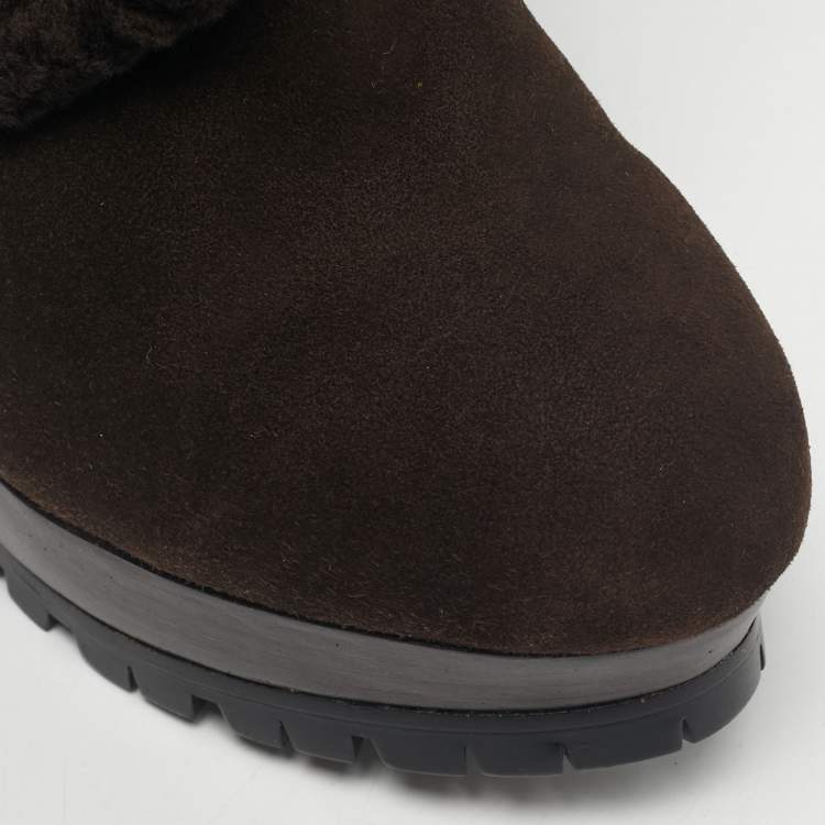 Pre Owned Burberry Brown Shearling and Suede Ankle Length Boots Size 36