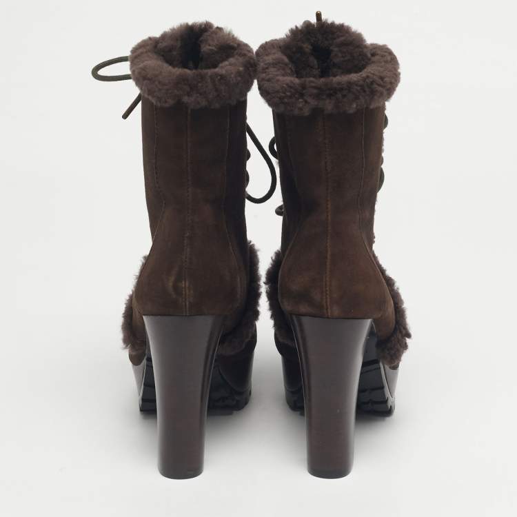 Pre Owned Burberry Brown Shearling and Suede Ankle Length Boots Size 36