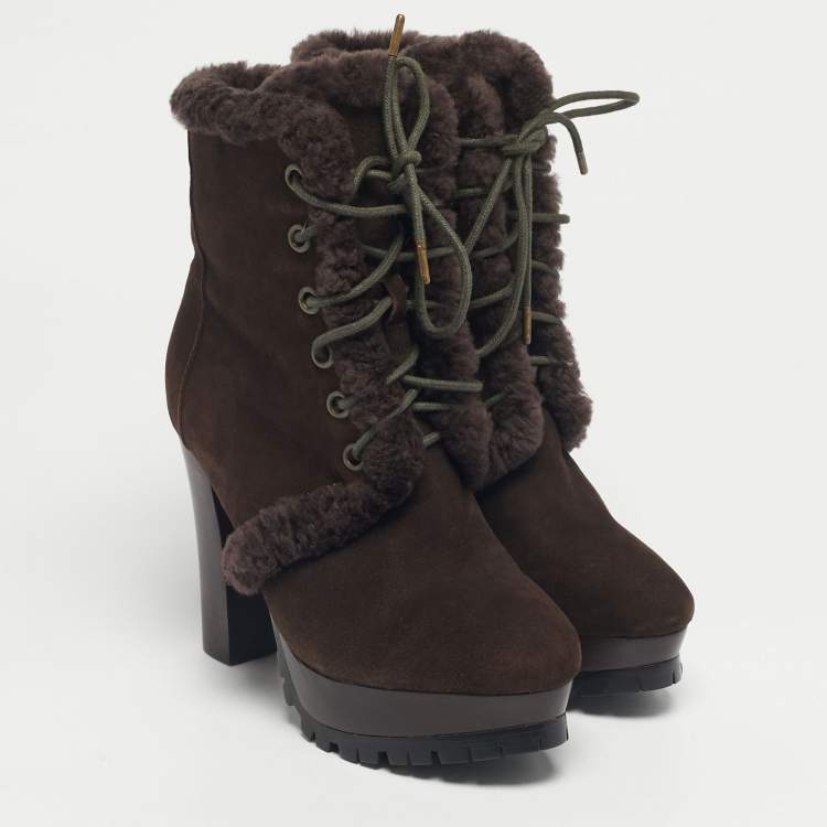 Pre Owned Burberry Brown Shearling and Suede Ankle Length Boots Size 36
