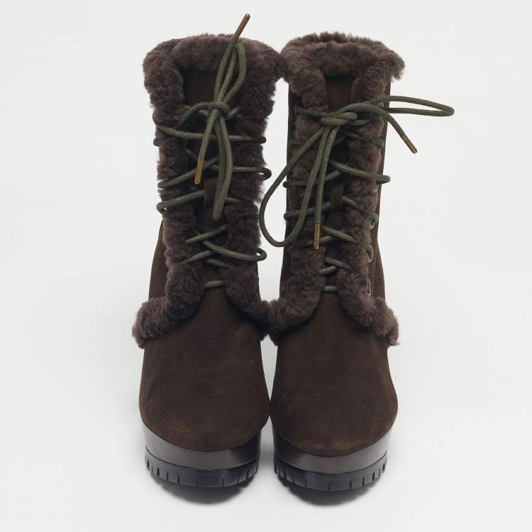 Pre Owned Burberry Brown Shearling and Suede Ankle Length Boots Size 36