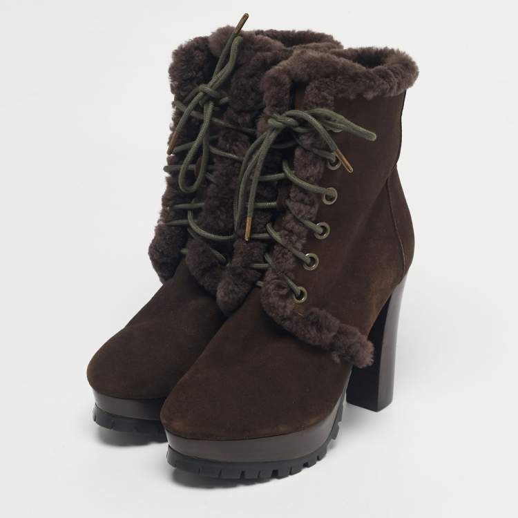 Pre Owned Burberry Brown Shearling and Suede Ankle Length Boots Size 36