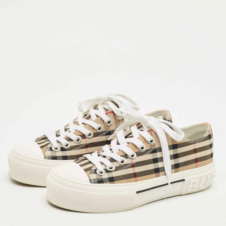 Pre Owned Burberry Beige Canvas and Rubber Check Low Top Sneakers Size 36.5