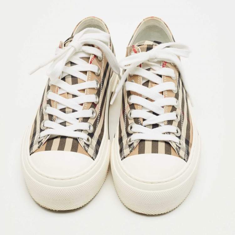 Pre Owned Burberry Beige Canvas and Rubber Check Low Top Sneakers Size 36.5